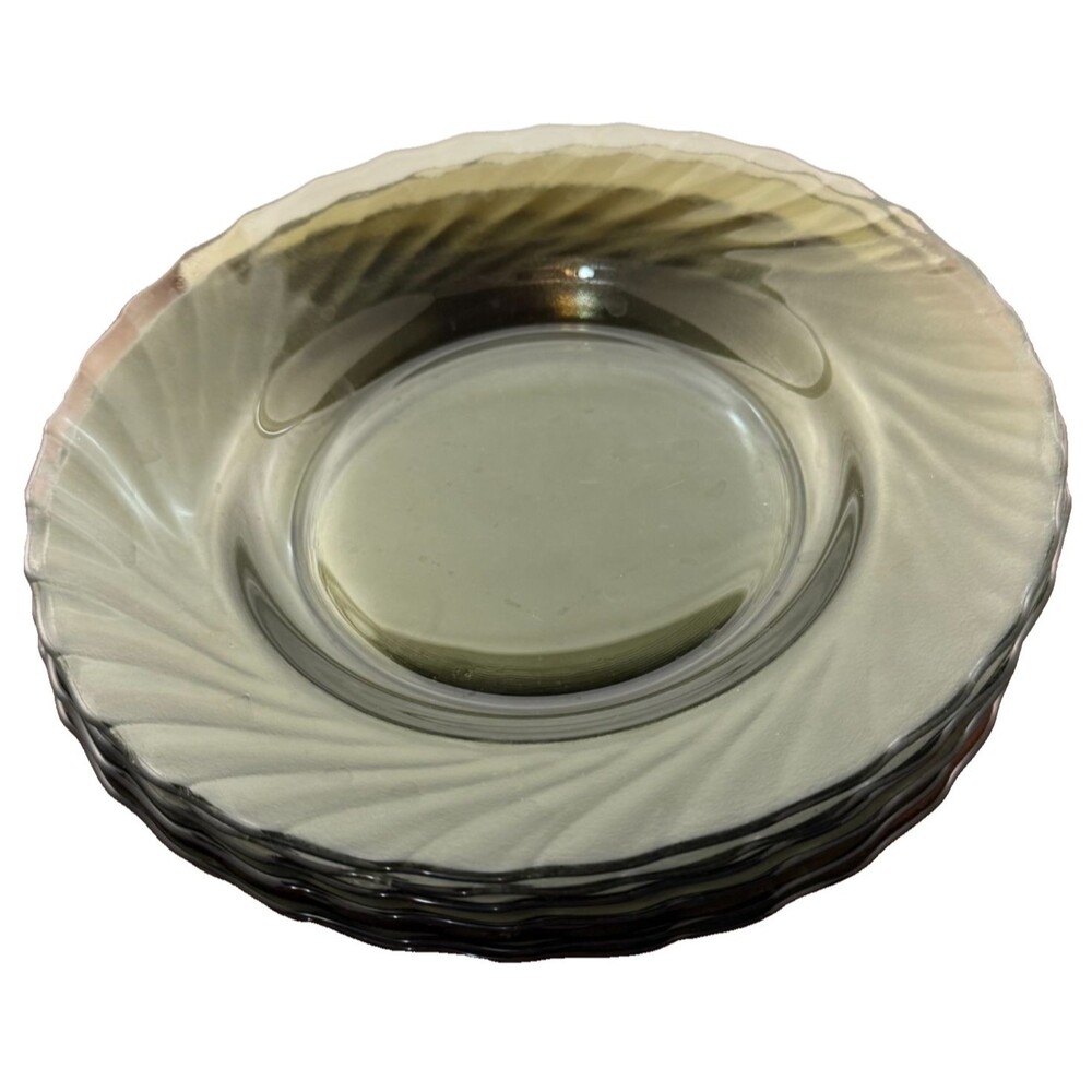 Vintage Arcoroc Smoked Glass Swirl Deep Plate Salad Dessert Brown Gray Green Lot